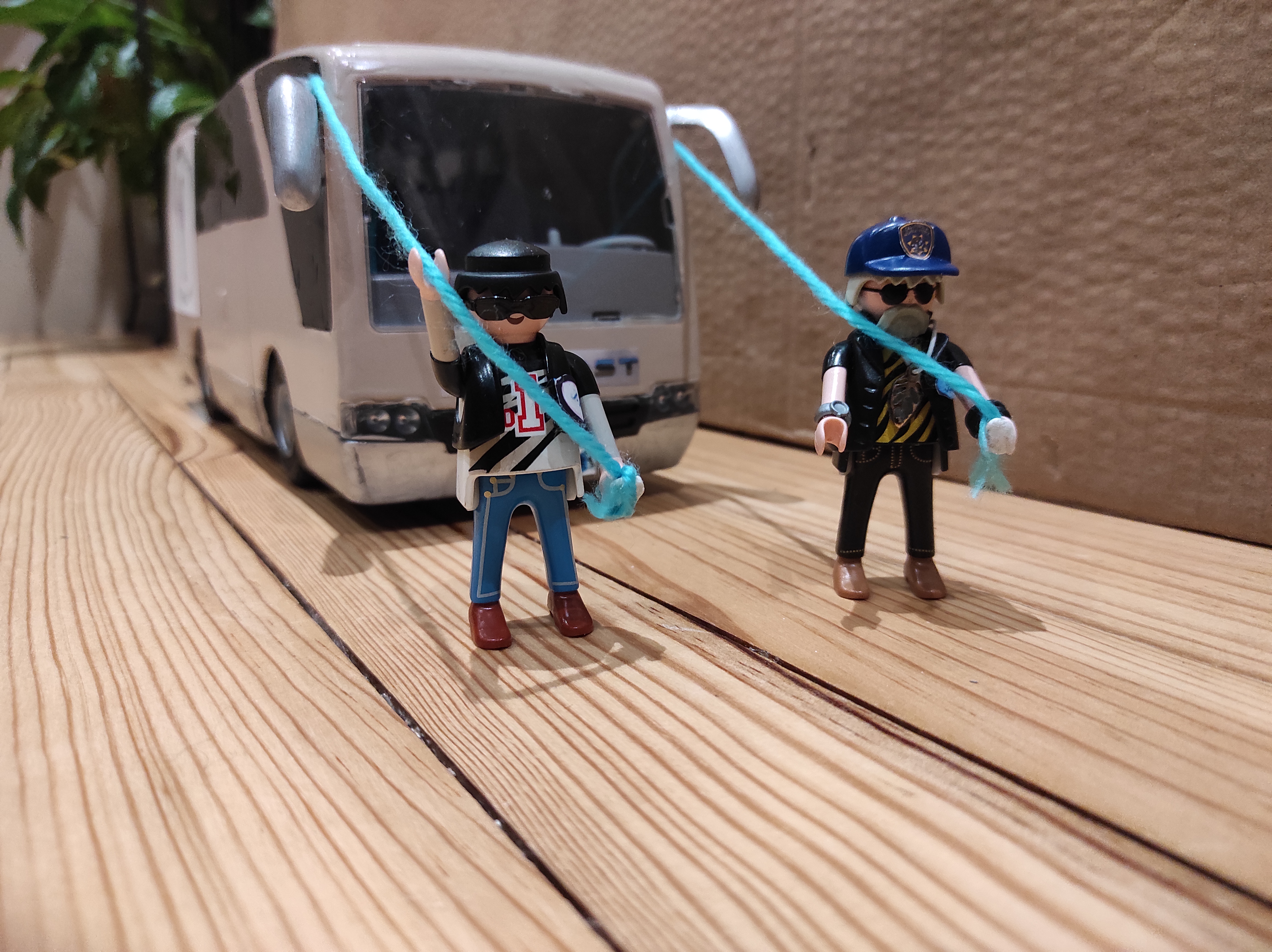 The Boxmasters JD Andrew & Billy Bob Thornton with their bus version Playmobil